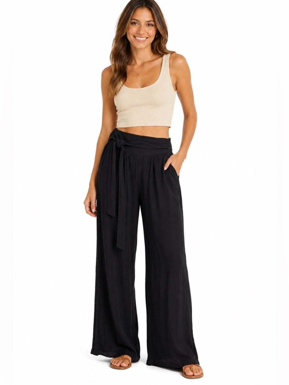 Guess Women’s Black Pants Size Medium Cotton Elastic Waist Tie at Waist